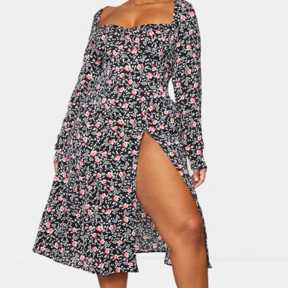 Cupped Black and Pink Floral dress with split